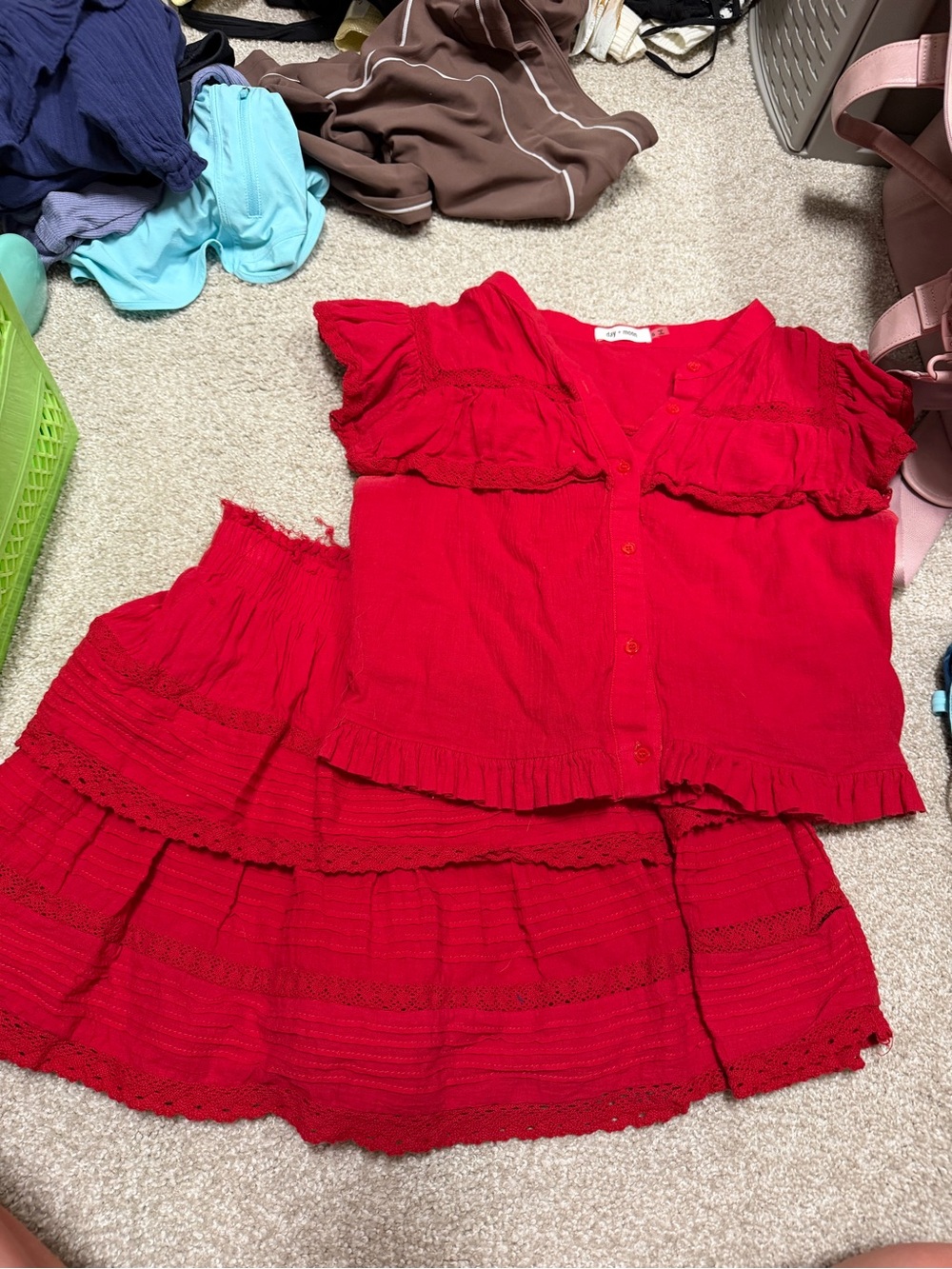 day + moon Red Button-Front Ruffled Blouse
